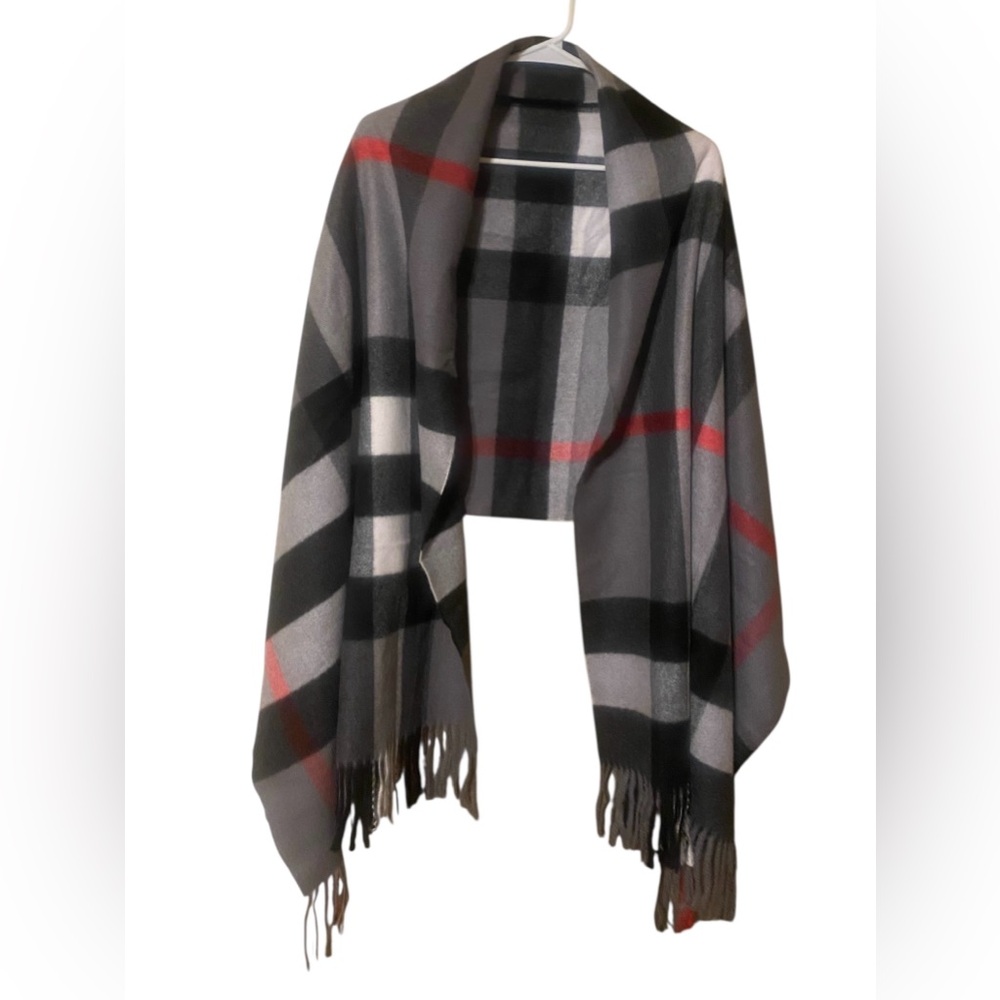Sky Cashmere 100% Virgin Wool Scarf 26”X78” Fringe Beige Black Red Plaid Luxury - Picture 4 of 15